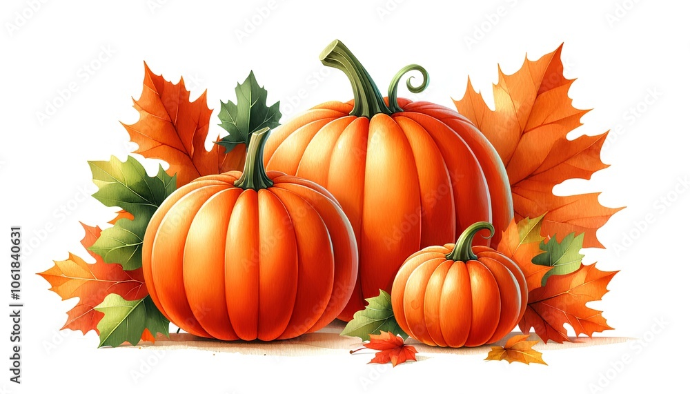 Naklejka premium A watercolor painting of three bright orange pumpkins with green stems, surrounded by colorful autumn leaves.