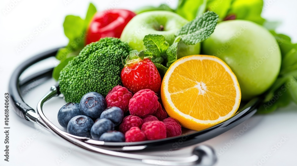 Healthy Lifestyle Concept with Fruits, Vegetables and Stethoscope Healthy Lifestyle Concept with Fruits, Vegetables and Stethoscope