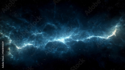 A dark background with a blue nebula, the center of which is a glowing white light that forms an electric field effect. The overall atmosphere should convey mystery and depth, with the stars shining.