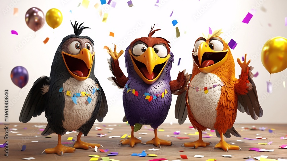 Obraz premium 3D Colorful Cartoon Hawks Celebrating New Year's Party
