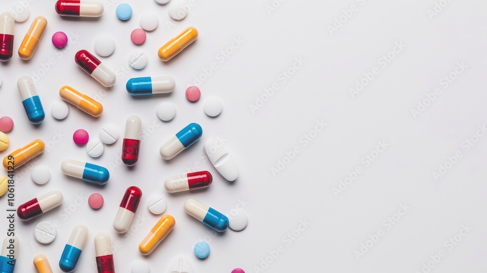 Antibiotic pill samples on white background with copy space for medication ad. Antibiotic pill samples on white background with copy space for medication ad.