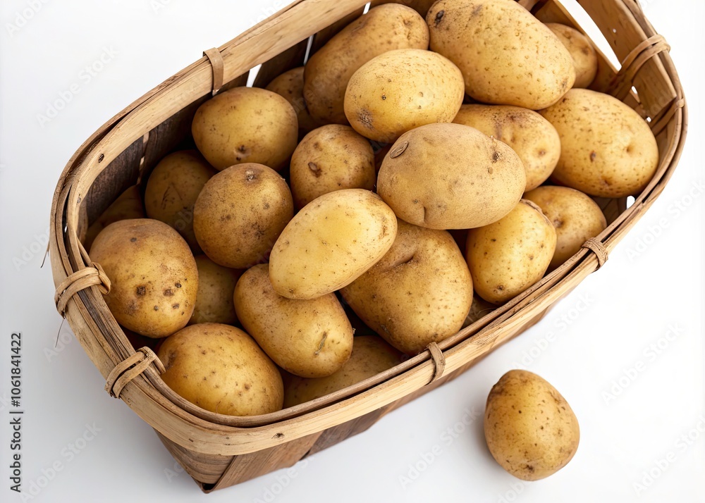 Fresh Organic Potatoes in a Wooden Basket on White Background - Perfect for Culinary, Farm Produce, and Grocery Themes Fresh Organic Potatoes in a Wooden Basket on White Background - Perfect for Culinary, Farm Produce, and Grocery Themes