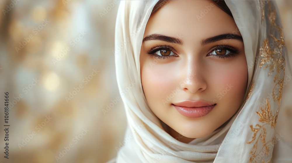 Portrait of a Cheerful Young Muslim Woman in White Hijab Against Plain White Background - Radiating Joy and Cultural Pride Portrait of a Cheerful Young Muslim Woman in White Hijab Against Plain White Background - Radiating Joy and Cultural Pride