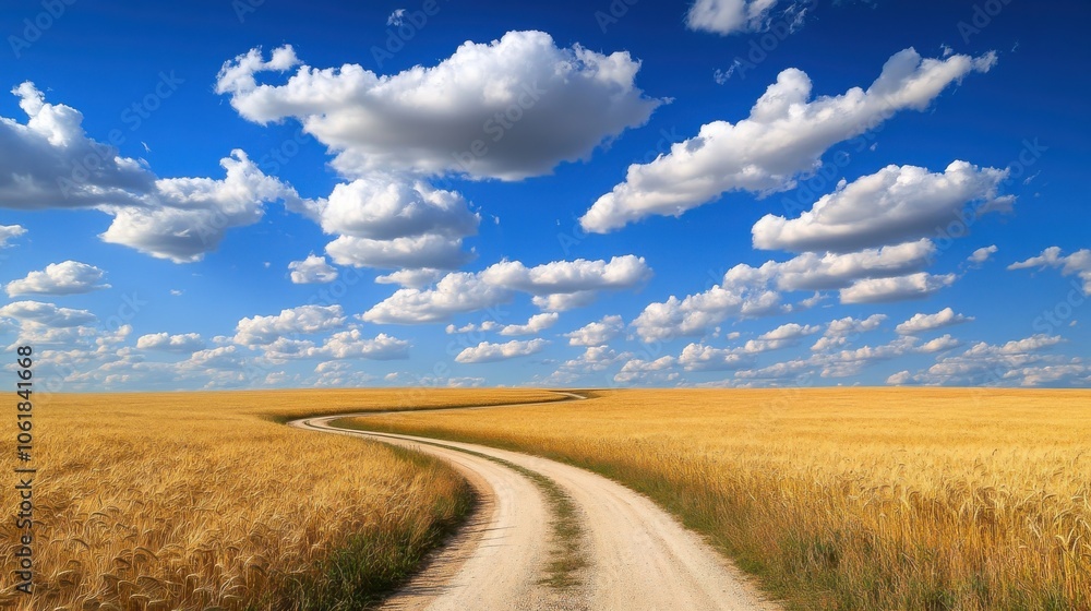 Fototapeta premium A winding dirt road meanders through golden wheat fields under a vibrant blue sky adorned with fluffy clouds