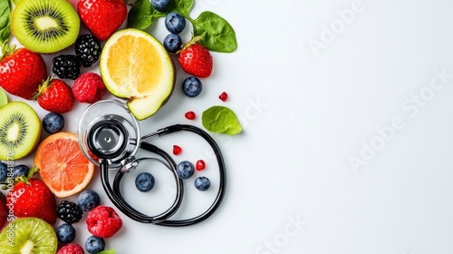 Healthy Lifestyle Concept with Fruits, Berries and Stethoscope