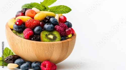 Fresh Fruit Salad in Wooden Bowl with Mint Garnish