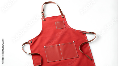 Red Apron with Leather Straps and Pockets, Isolated against a White Background