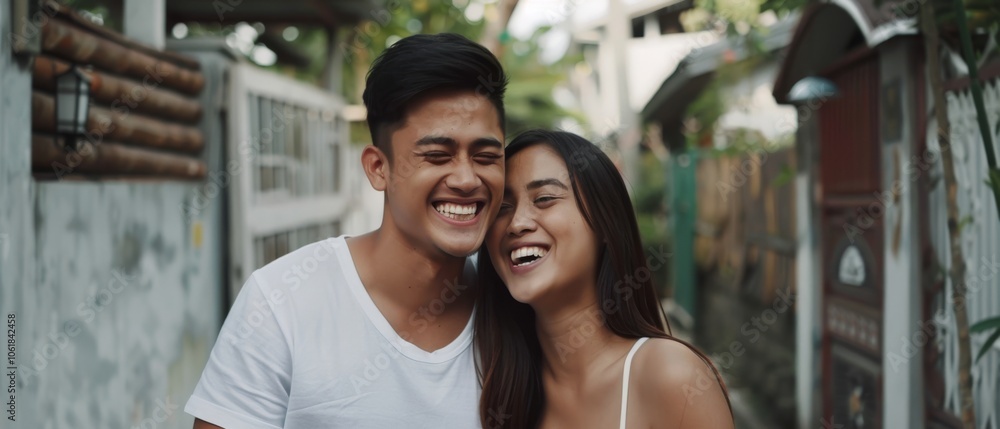 A joyous couple laughing in an outdoor setting, embodying happiness and affection, surrounded by a serene neighborhood backdrop. A joyous couple laughing in an outdoor setting, embodying happiness and affection, surrounded by a serene neighborhood backdrop.