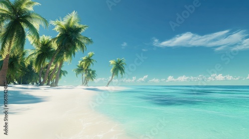 A serene tropical beach with palm trees and turquoise water under a clear sky during a sunny day