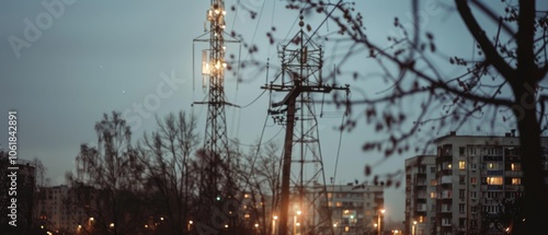 A quiet urban neighborhood adorned with softly glowing streetlights standing tall against the dusky sky. photo