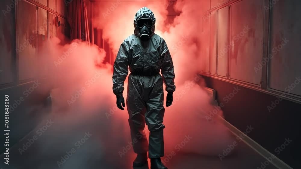 A solitary person dressed in a protective suit and gas mask strides confidently through a dimly lit hallway filled with thick fog, creating a mysterious atmosphere A solitary person dressed in a protective suit and gas mask strides confidently through a dimly lit hallway filled with thick fog, creating a mysterious atmosphere