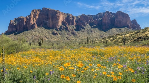 Breathtaking cliffs and vibrant wildflowers in the desert valley of Arizona during springtime blooming season