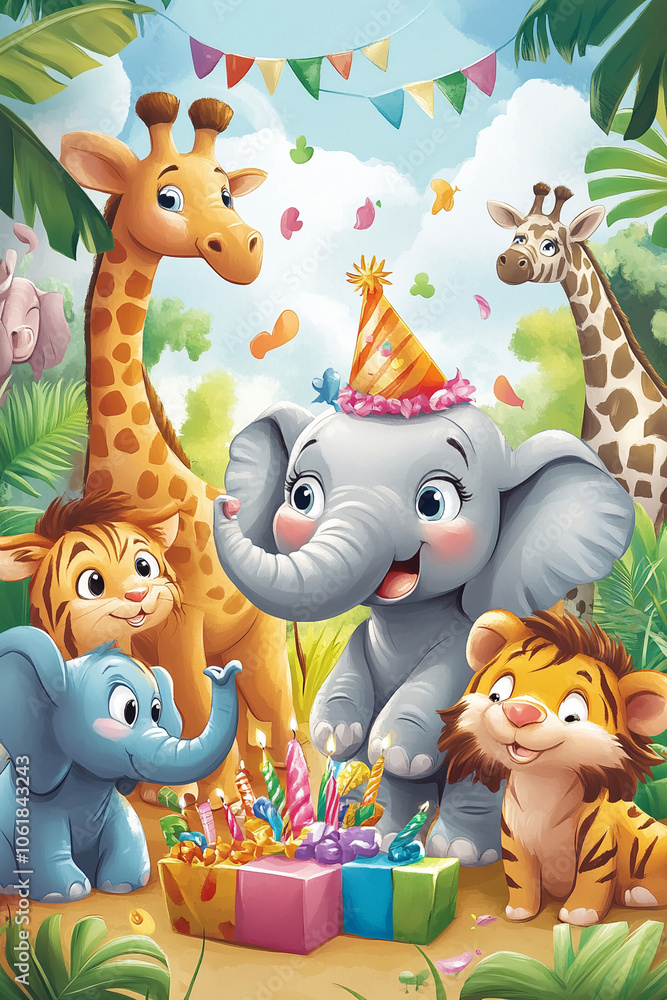 Obraz premium animal zoo concept celebration birthday background bright colors gifts, cake, balloons, confetti with birthday candles