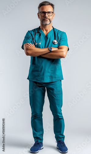 Full-body photograph of an attractive middle-aged male doctor, wearing teal scrubs and blue shoes, standing with arms crossed on a white background. 