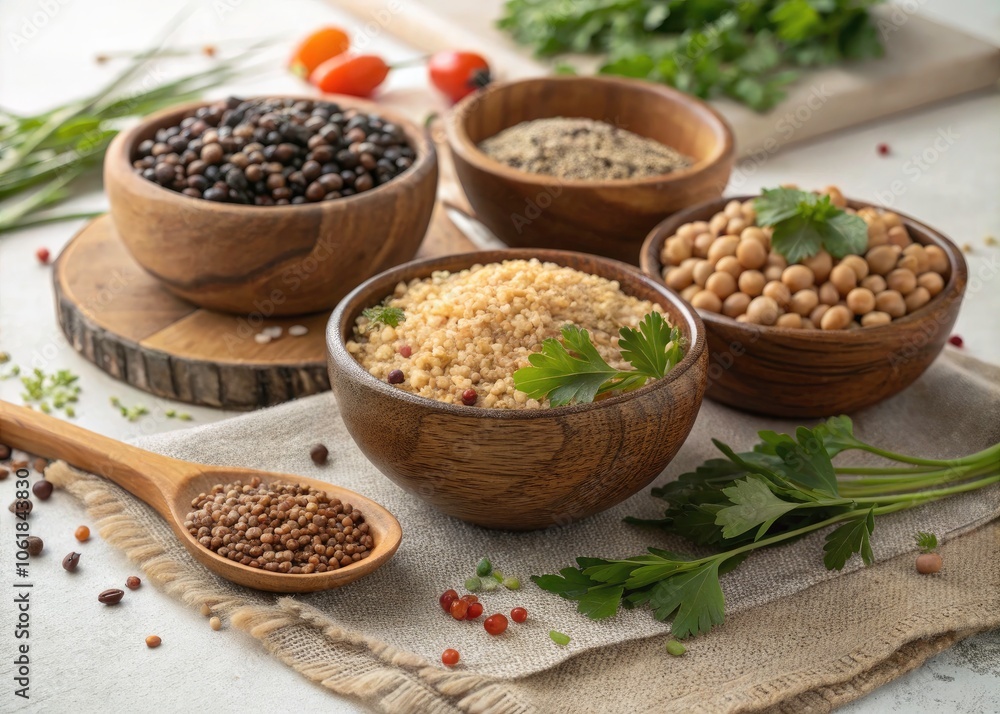 Healthy Whole Grains and Legumes in Bowls - Nutrient-Rich Ingredients for Wellness, Vibrant Colors, Rustic Background, Perfect for Diet, Recipes, and Healthy Living Promotion Healthy Whole Grains and Legumes in Bowls - Nutrient-Rich Ingredients for Wellness, Vibrant Colors, Rustic Background, Perfect for Diet, Recipes, and Healthy Living Promotion
