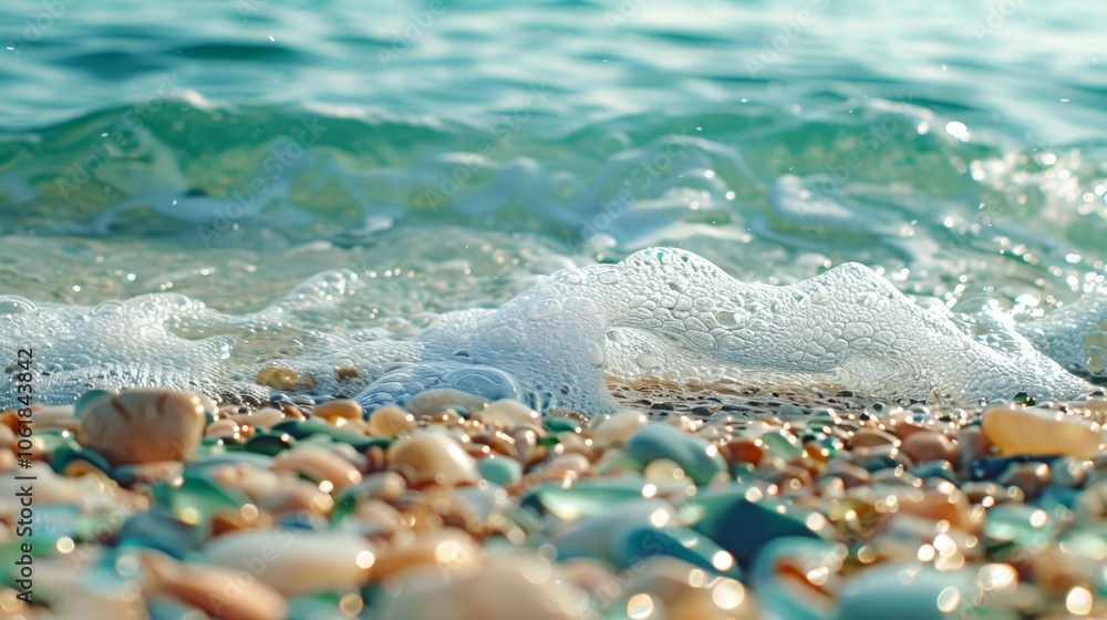 Serene beach scene polished sea glass in green and blue with colorful pebbles by gentle waves Serene beach scene polished sea glass in green and blue with colorful pebbles by gentle waves
