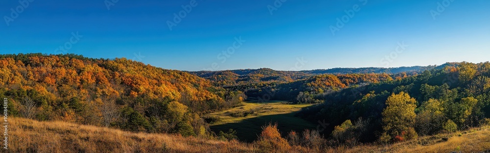 Majestic autumn landscape of the Ozark Mountains showcasing vibrant foliage under a clear blue sky Majestic autumn landscape of the Ozark Mountains showcasing vibrant foliage under a clear blue sky