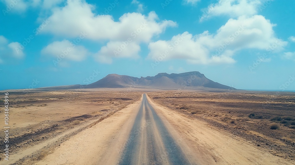 A long, straight road leads to a mountain range in the distance, under a clear blue sky with white clouds. A long, straight road leads to a mountain range in the distance, under a clear blue sky with white clouds.