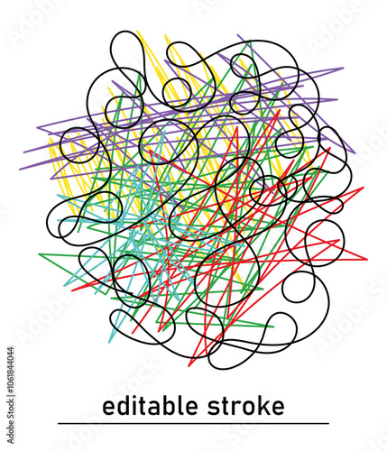 Multicoloured scribbles drawn with coloured lines. Intricate abstract scribbles. Hand drawn line of stress. Depression symbols. Shaded lines.