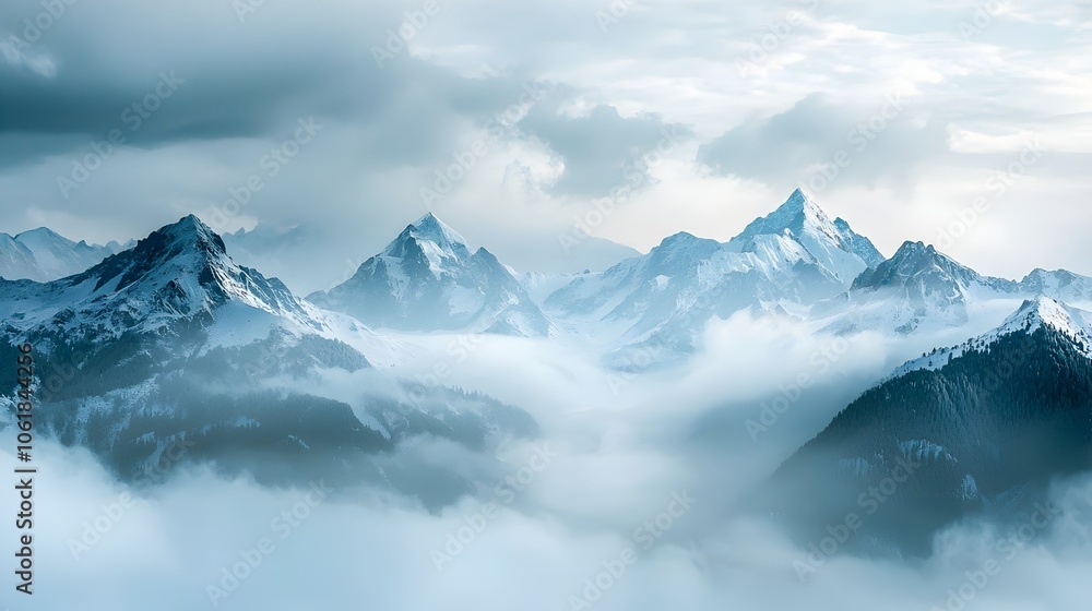 Obraz premium Misty Mountains of the Himalayas Rising Above Clouds at Dawn