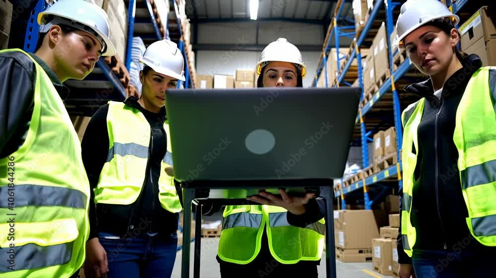 A group of men in safety vests are looking at a laptop in warehouse. A group of men in safety vests are looking at a laptop in warehouse.