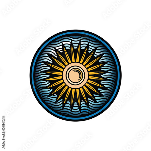 A stylized circular logo with concentric circles representing layers, emanating rays symbolizing solar energy.