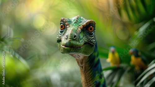 A colorful dinosaur-like creature surrounded by lush greenery and two small birds, exuding a curious and playful expression.