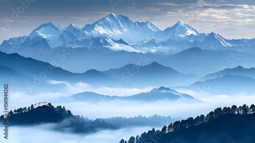 Himalayan Mountain Peaks Emerging Through Misty Clouds at Sunrise