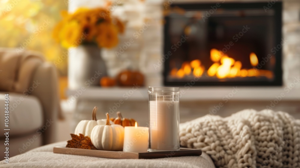 A cozy living room ambiance with candles, pumpkins, and a warm fireplace, perfect for autumn relaxation and comfort. A cozy living room ambiance with candles, pumpkins, and a warm fireplace, perfect for autumn relaxation and comfort.