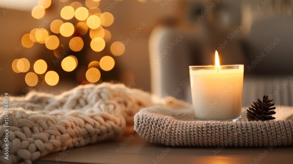 A cozy scene featuring a lit candle on a textured surface, with a blurred Christmas tree adorned with warm lights in the background. A cozy scene featuring a lit candle on a textured surface, with a blurred Christmas tree adorned with warm lights in the background.