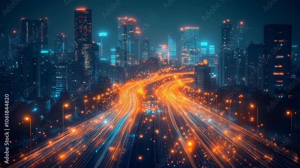 Abstract futuristic cityscape with glowing data lines background Abstract futuristic cityscape with glowing data lines background