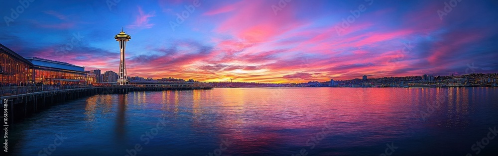 Fototapeta premium Breathtaking sunset panorama of Seattle skyline with vibrant colors reflecting on the water