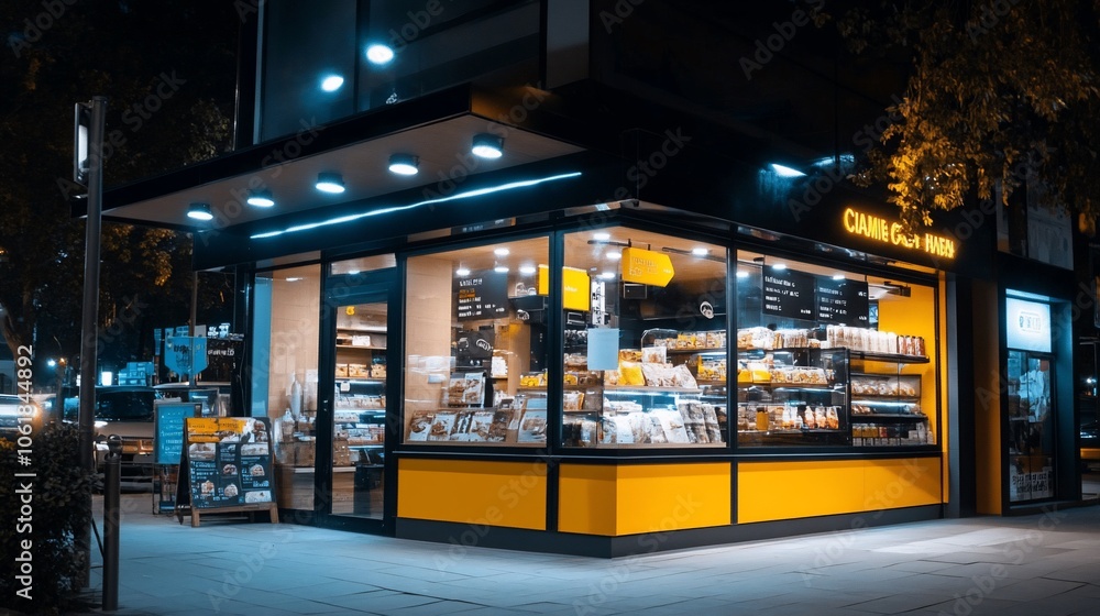 A brightly lit bakery storefront at night with a display of bread and pastries in the window. A brightly lit bakery storefront at night with a display of bread and pastries in the window.