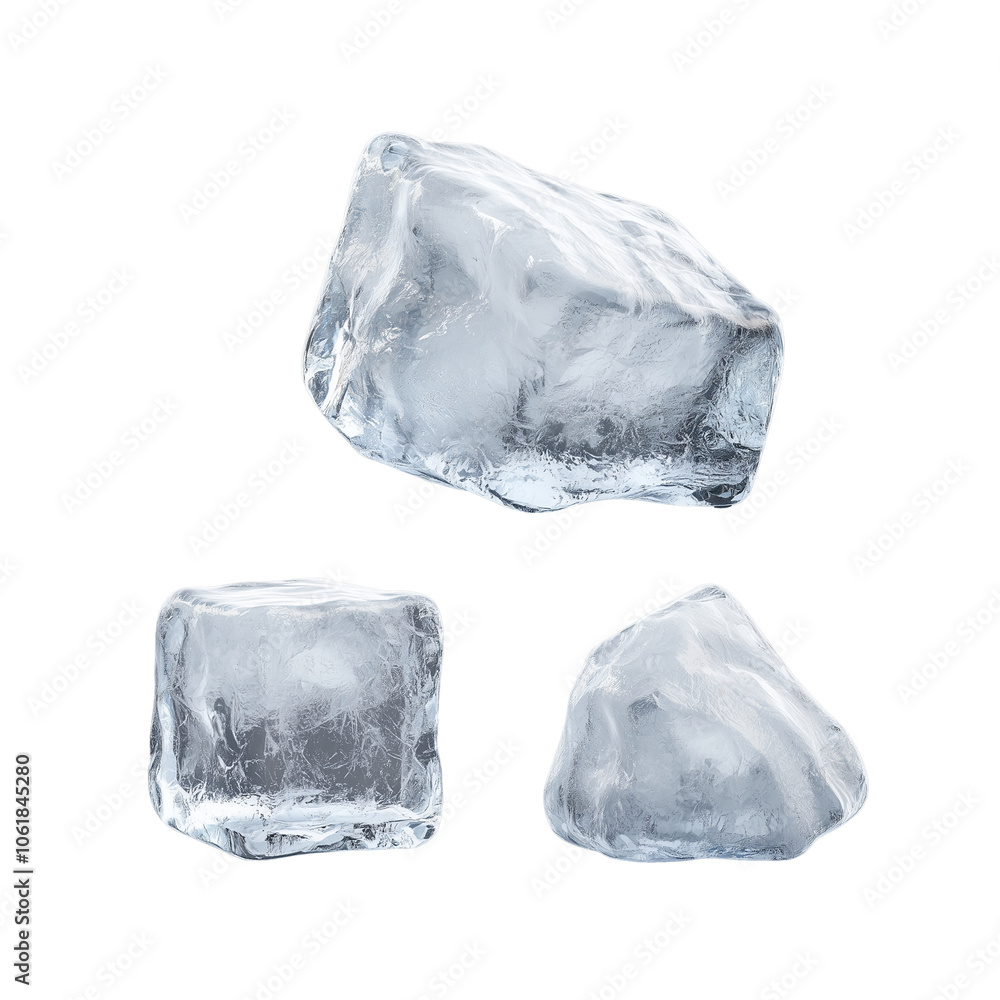 Obraz premium Assorted ice cubes of varying sizes on transparent background, ideal for cold beverages or cooling effects