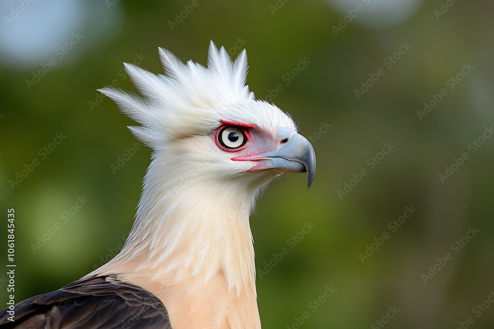 A close-up portrait of a crested caracara with white plumage, a red face and eyes, and a dark beak, against a blurred green background. A close-up portrait of a crested caracara with white plumage, a red face and eyes, and a dark beak, against a blurred green background.