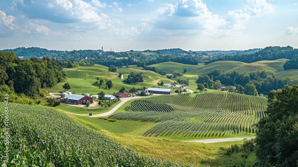 A breathtaking panorama of rolling hills and lush farmland in the heart of Kentucky's Bourbon country under a sunny sky A breathtaking panorama of rolling hills and lush farmland in the heart of Kentucky's Bourbon country under a sunny sky