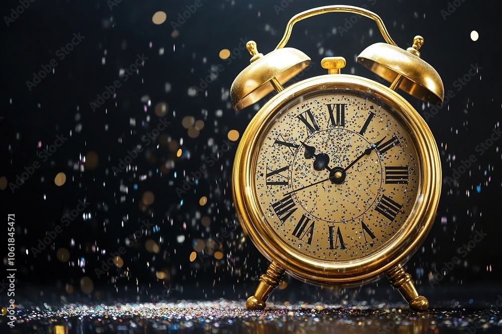 Golden alarm clock with glitter on dark backdrop Golden alarm clock with glitter on dark backdrop