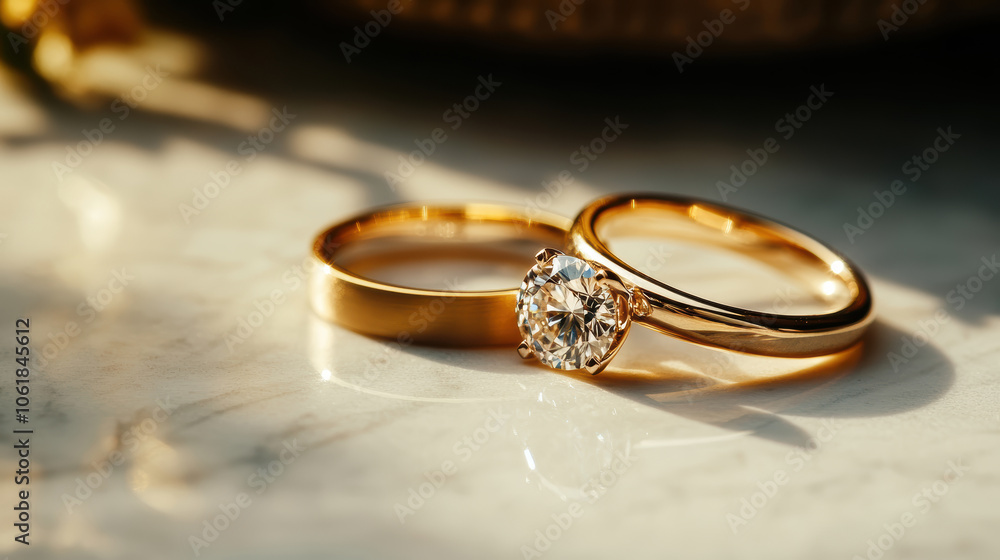A gold and diamond ring is placed on a marble surface. The ring is a symbol of love and commitment A gold and diamond ring is placed on a marble surface. The ring is a symbol of love and commitment