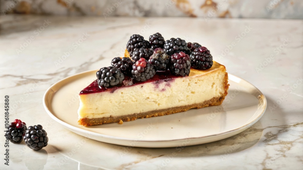 A creamy cheesecake slice with a buttery crust, topped with fresh blackberries and a sweet glaze, served on a simple white plate against a white marble background. A creamy cheesecake slice with a buttery crust, topped with fresh blackberries and a sweet glaze, served on a simple white plate against a white marble background.