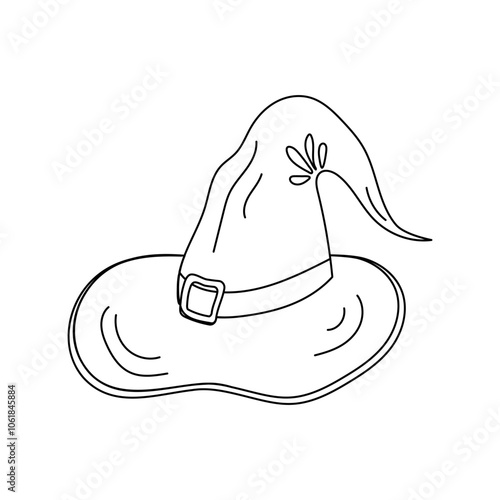 Doodle Wizard or witch Hat with stylish Belt for any magical character. Black line Vector illustration magic, Halloween, esotericism Theme.