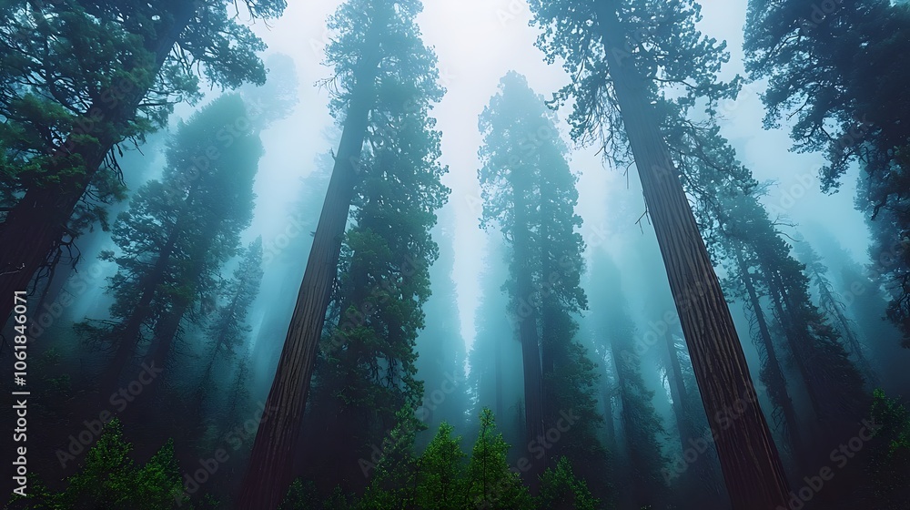 Fototapeta premium Giant Sequoias in a Foggy Forest with Majestic Atmosphere