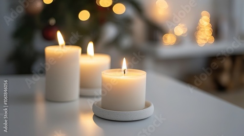 Lit candles with warm glow, cozy atmosphere