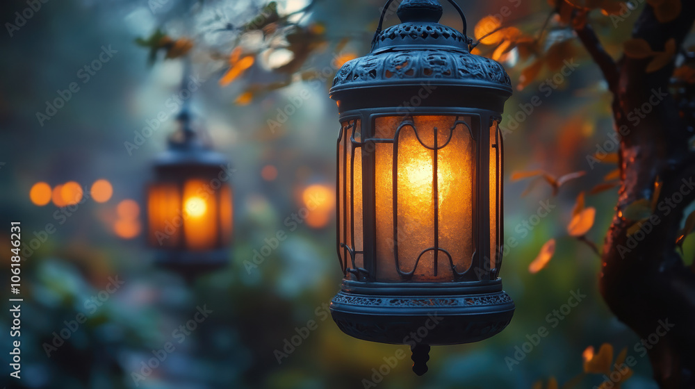 A lantern hanging from a tree with a warm glow. The lanterns are lit and the light is casting a warm, inviting atmosphere A lantern hanging from a tree with a warm glow. The lanterns are lit and the light is casting a warm, inviting atmosphere