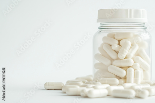 A glass bottle with white pills sits on a white surface with copy space. Soft natural light. Minimalist background. 