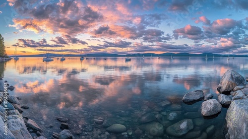 A breathtaking sunset panorama over Lake Champlain with sailboats and reflective clouds photo