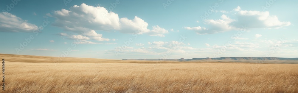 A tranquil afternoon over the expansive prairies of eastern landscapes under a clear blue sky with fluffy clouds A tranquil afternoon over the expansive prairies of eastern landscapes under a clear blue sky with fluffy clouds