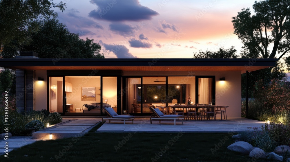 Fototapeta premium A cozy single-storey house illuminated at twilight with warm lighting and inviting outdoor seating in a peaceful setting