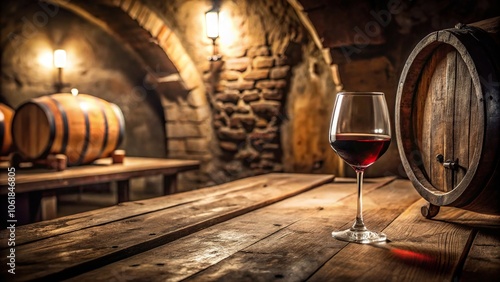 A glass of red wine sits alone on a rustic wooden table in a dimly lit cellar, surrounded by old stone walls and dusty barrels., bottles, fermentation