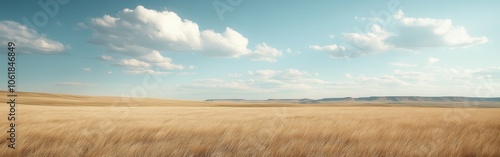 A tranquil afternoon over the expansive prairies of eastern landscapes under a clear blue sky with fluffy clouds photo