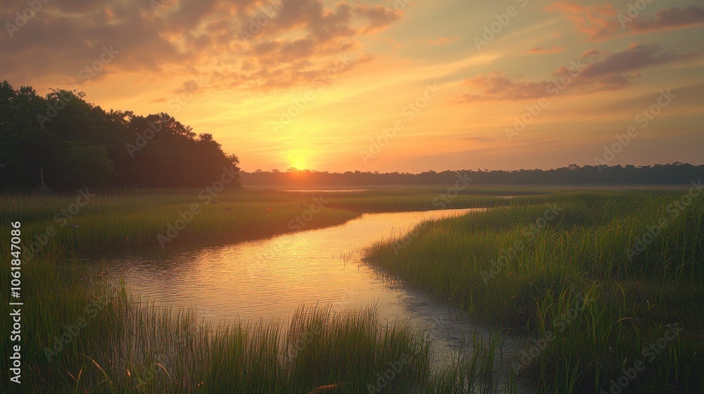 A tranquil sunset over the marshlands in Bombay reveals serene waters and lush green grasses reflecting the evening light